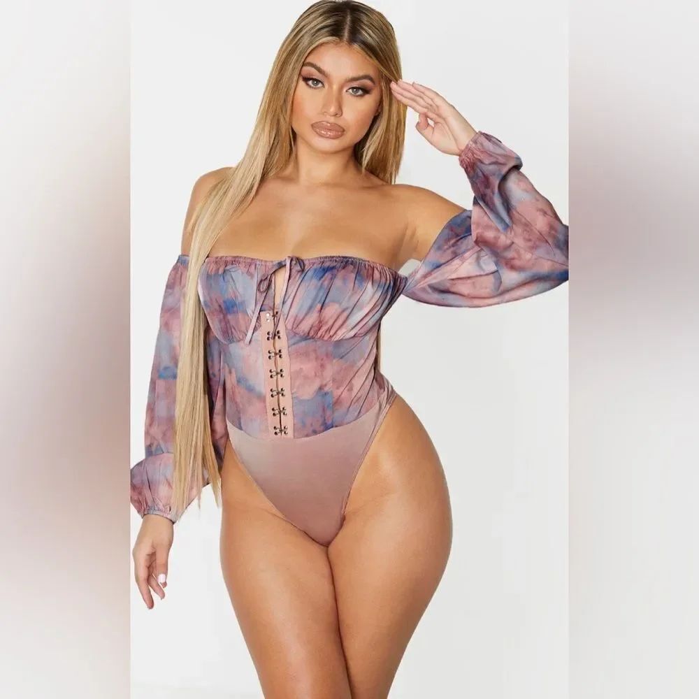 PrettyLittleThing Bodysuit NEW Renaissance Cloud Print Corset Closure US 2